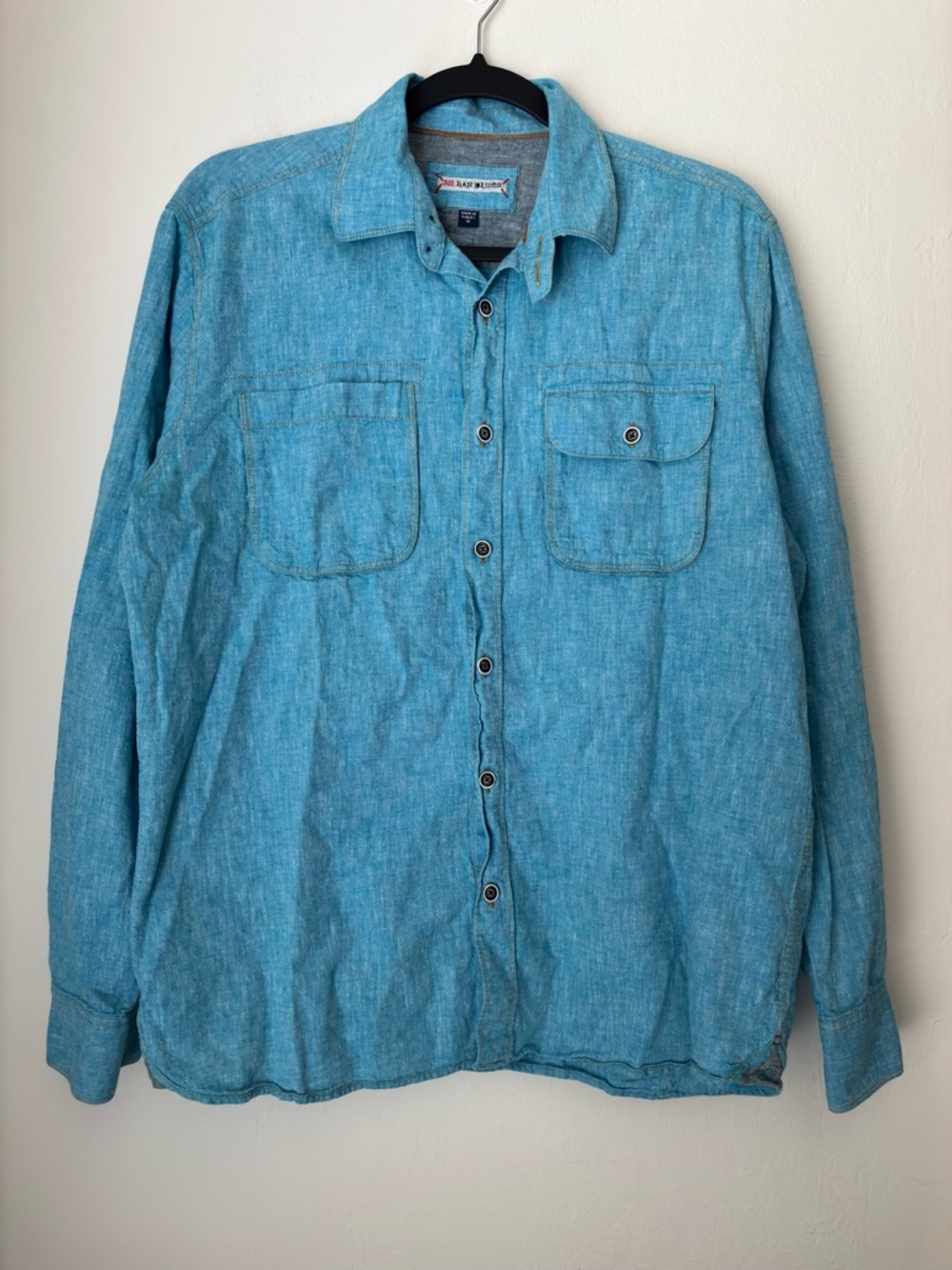 32 Bar Blues South of the Boulevard Cotton Linen Shirt Men’s Medium Turquoise